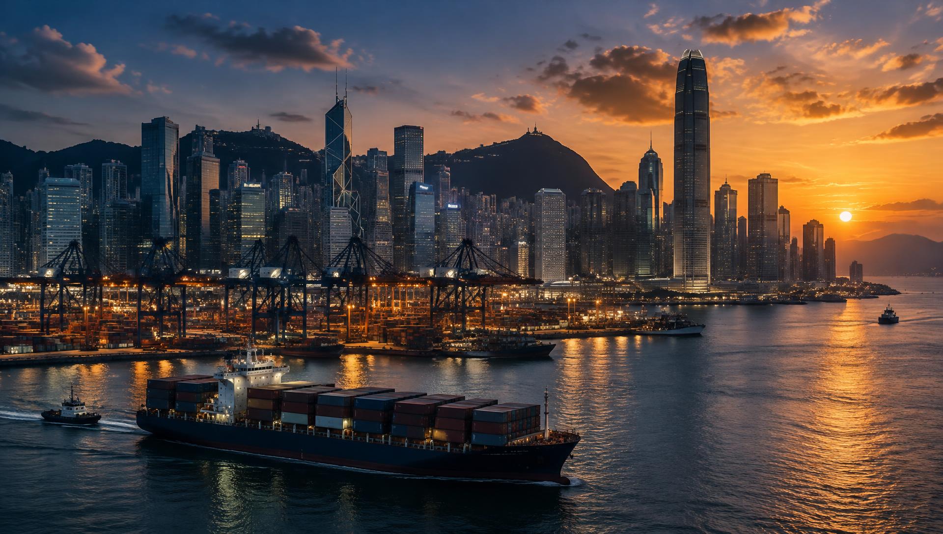 Global city skyline and port at sunset
